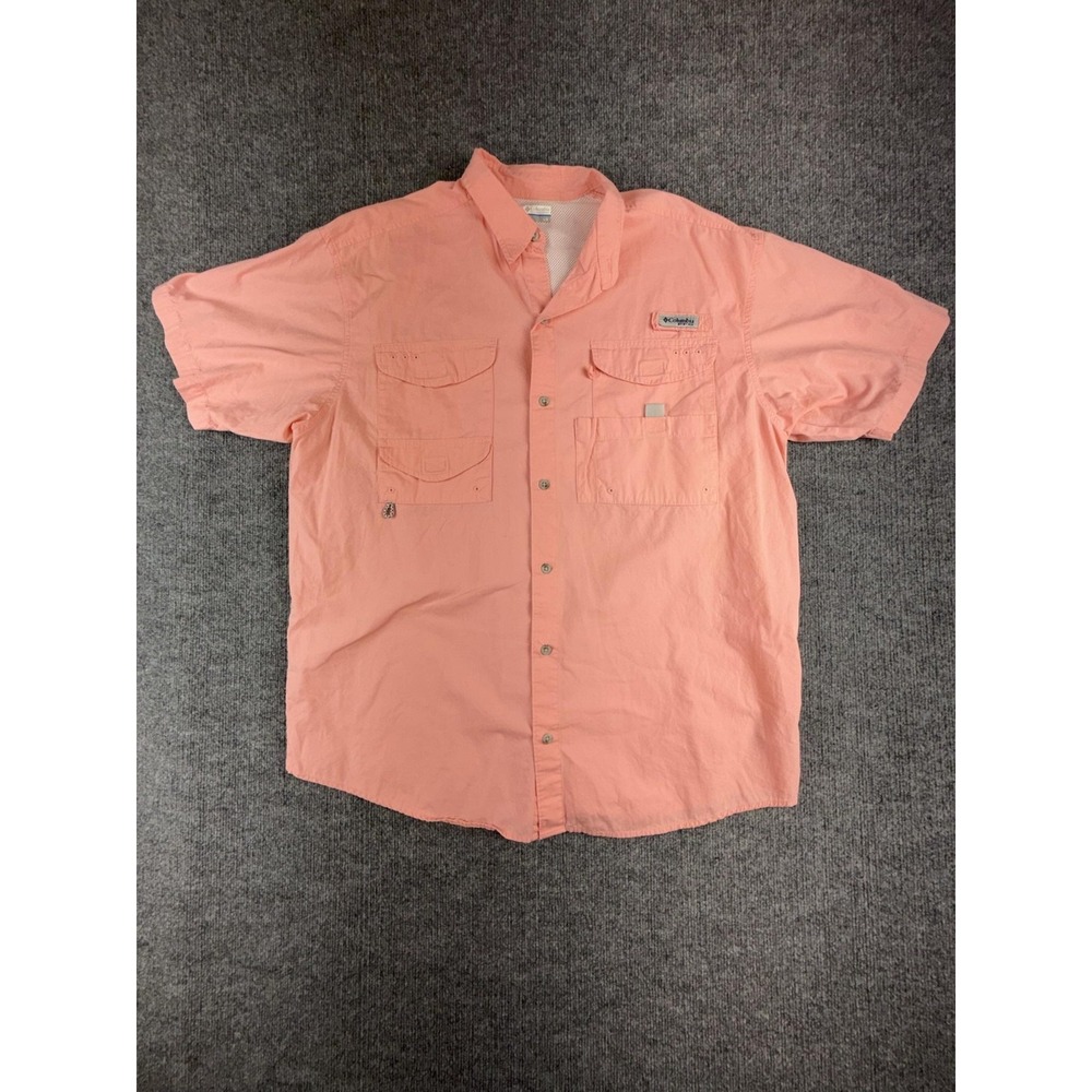Columbia PFG Shirt Mens Large Pink Short Sleeve Fishing Button Up‎ Vented